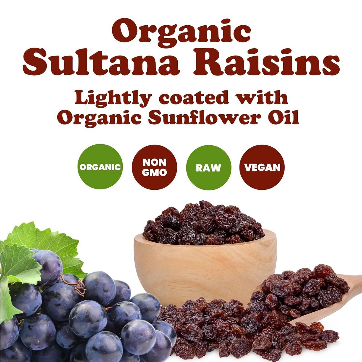 Pasas Sultanas Orgánicas - Sin OGM, Sin Azúcar Añadida, Sin Sulfitos, Ligeramente Cubiertas con Aceite de Girasol Orgánico, Veganas, a Granel. - Imagen 4