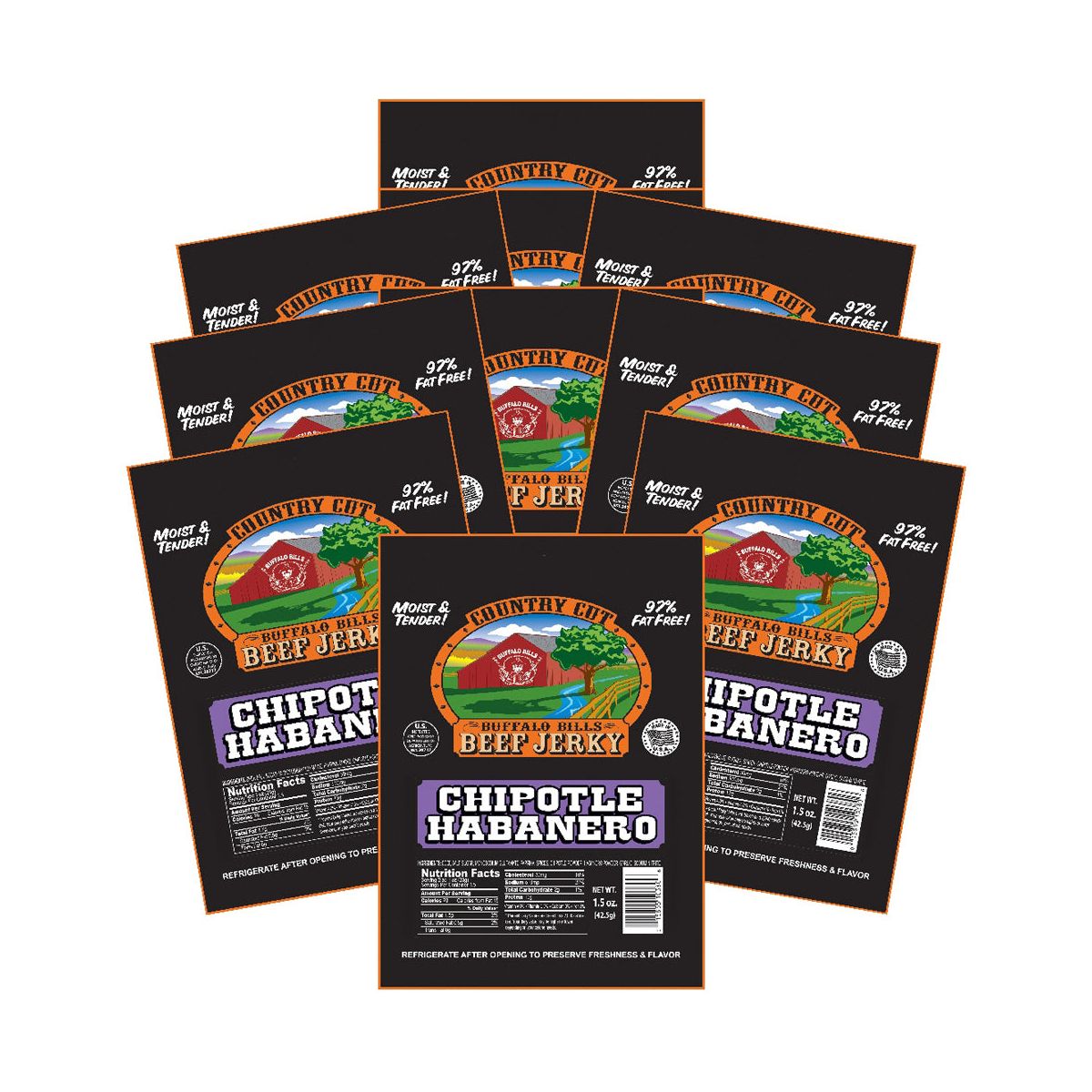 Buffalo Bills 1.5 oz Carne Seca Country Cut Chipotle Habanero - Paquete con 10 bolsas de 1.5 oz