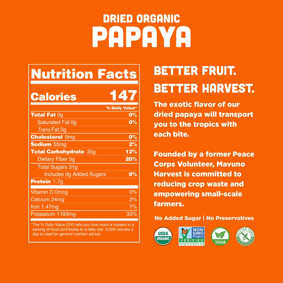 Mavuno Harvest Papaya Seca Orgánica para Snack, Merienda Vegana y Sin Gluten, Saludable sin Conservantes ni Azúcares Añadidos - Imagen 6