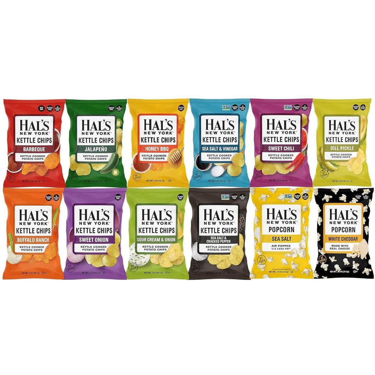 Hal's New York 24 Paquetes de Papas Fritas Kettle Cooked y Palomitas, Variedad de 12 Sabores 2 oz - Paquete Variado Ideal para Snack para Llevar