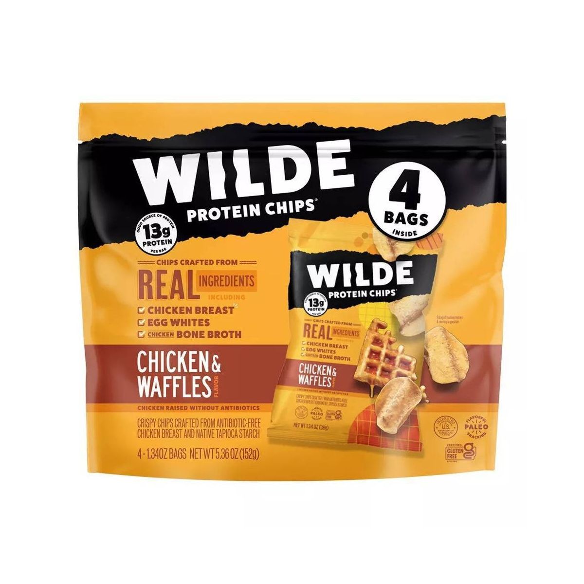 WILDE Papas Proteínicas 13g - Sabor Pollo y Waffles - Paquete con 4