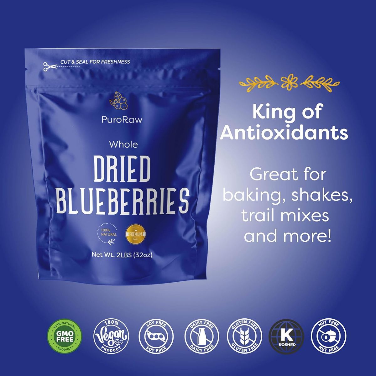 Arándanos Azules Secos Puroraw, 2 lb – Sin Endulzantes, Sin Azúcar Añadida, Totalmente Naturales, No Transgénicos, Sin Gluten, Veganos, Fruta Seca Entera en Bolsa Re-sellable - Imagen 7