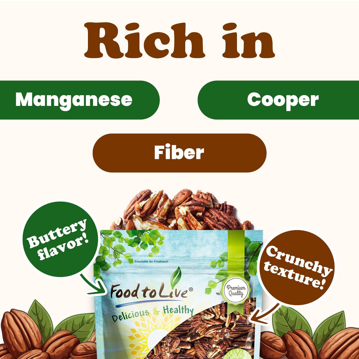 Piezas de Nuez Pecana, Tostadas y Saladas - por Food to Live - Imagen 6