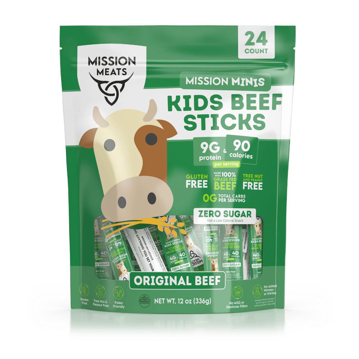 Mission Meats Kids Beef Sticks – 100% Alimentado con Pastura y Criado en Pastizales, Botanas Saludables para Niños y Pequeños, Sin Azúcar, Envuelto Individualmente, 0.5oz (24ct)