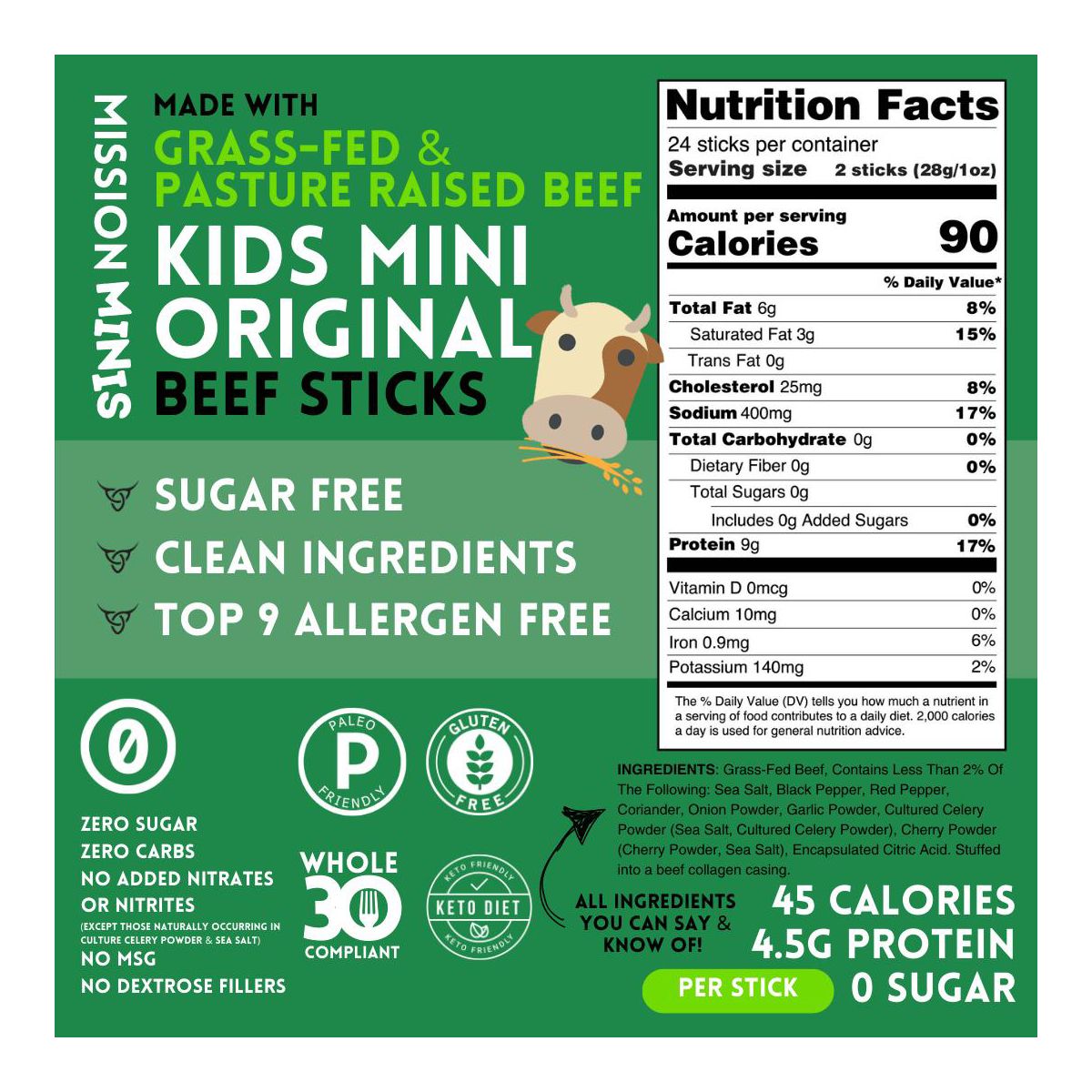 Mission Meats Kids Beef Sticks – 100% Alimentado con Pastura y Criado en Pastizales, Botanas Saludables para Niños y Pequeños, Sin Azúcar, Envuelto Individualmente, 0.5oz (24ct) - Imagen 4