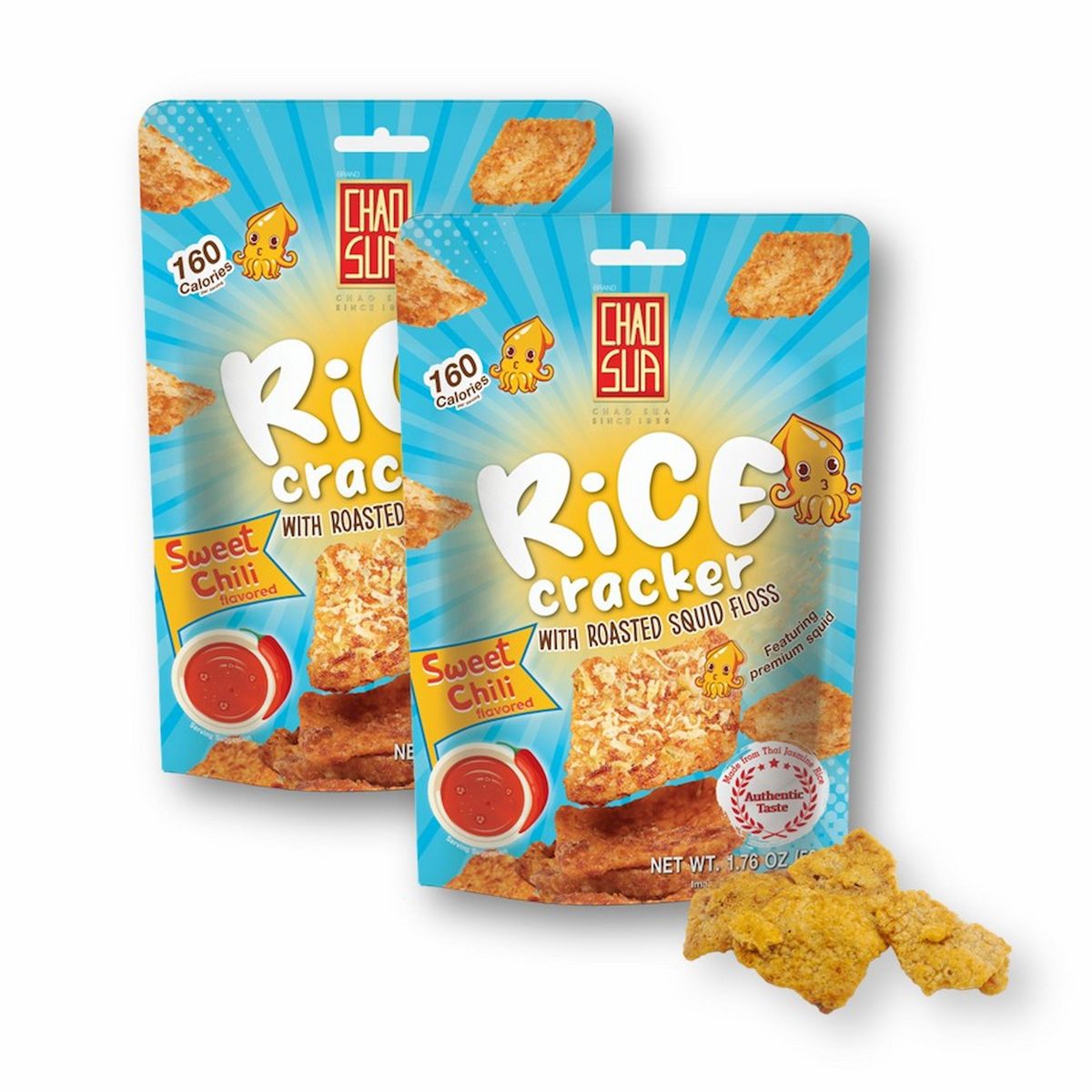 Galleta de Arroz Chao Sua con Mechado de Calamar Asado Sabor Chile Dulce, Horneada 1.76 oz (Paquete de 2) - Imagen 2