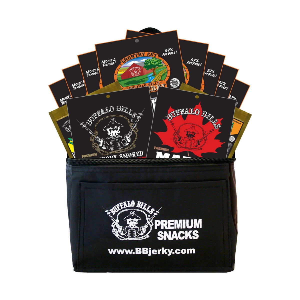 Muestreador de Carne Seca Buffalo Bills, 12 Piezas, Enfriador de Regalo Negro, Paquete de 6 (12 bolsas surtidas de 1.5 oz cada una) - Imagen 2