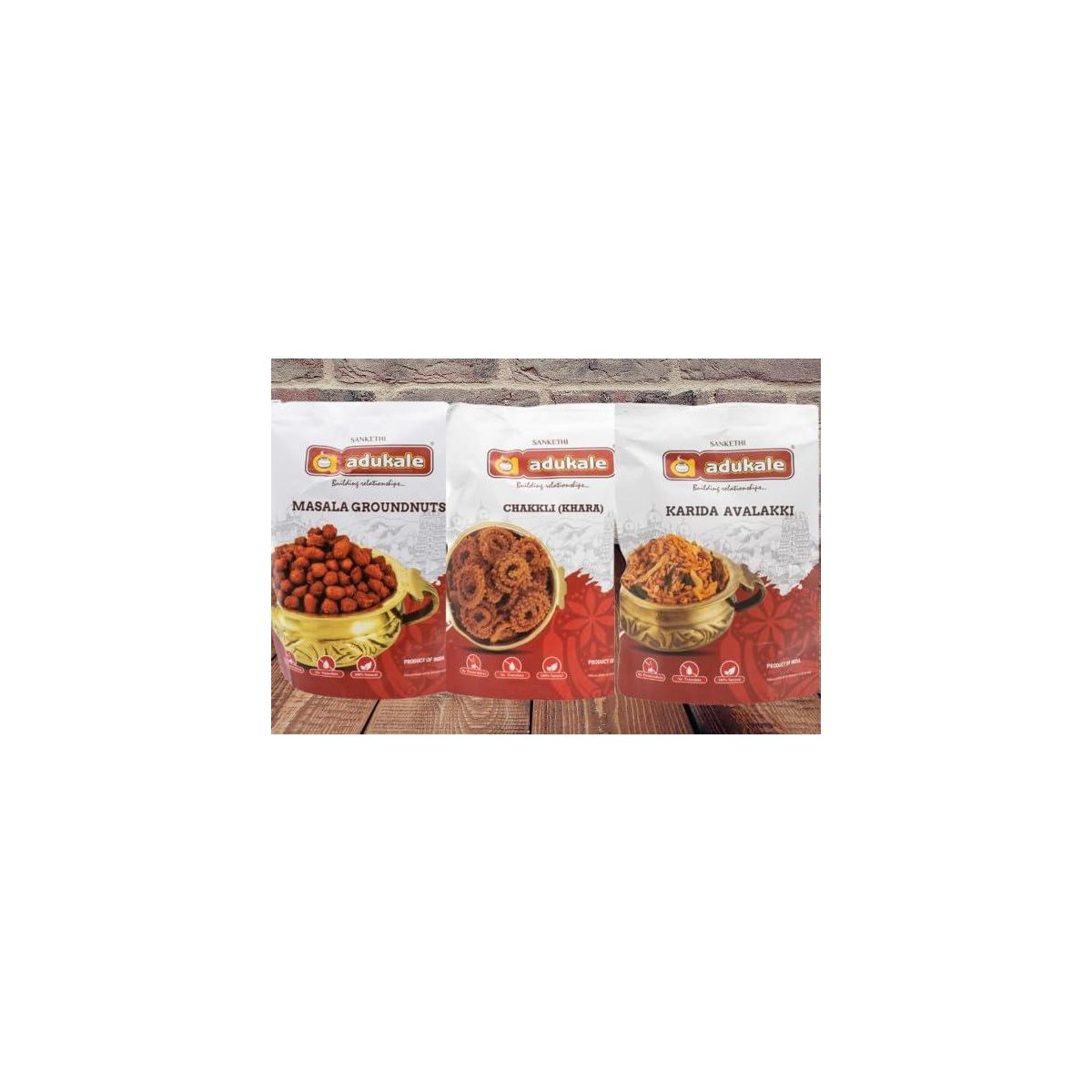 Combo de Botanas Tradicionales Crujientes Adukale - Cacahuates Masala, Chakkli y Karida Avalakki = Paquete de 3 × 180g - 1.19 lb - Imagen 2
