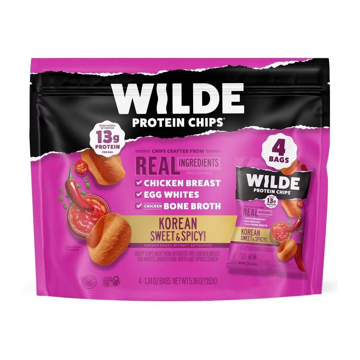WILDE Papas con 13g de Proteína - Sabor Dulce y Picante Coreano - Paquete con 4