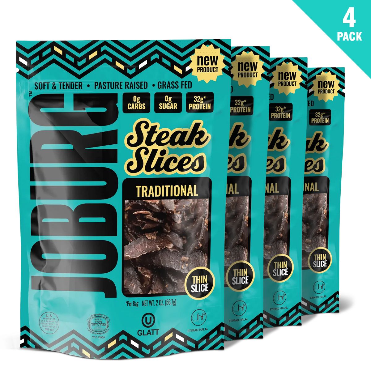 Joburg Meats Biltong Tradicional Sudafricano, Snacks Altos en Proteína y Keto-Friendly, Certificado Kosher, Bolsas de 2 oz - Paquete de 4