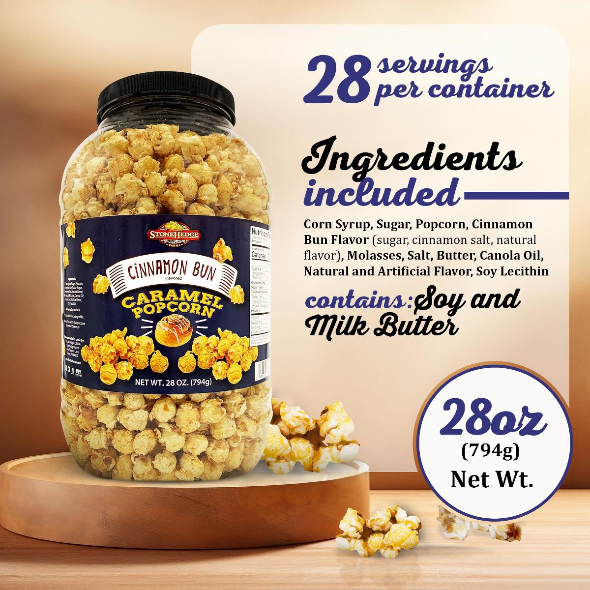 Palomitas Stonehedge Farms Sabor a Rollo de Canela | Tarrina Grande 28 oz | Ideal para Fiestas y Navidad - Imagen 3