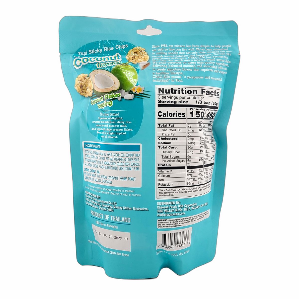 Chao Sua Thai Sticky Rice Chips Sabor Coco 3.17 Oz. (Paquete de 2) - Imagen 7