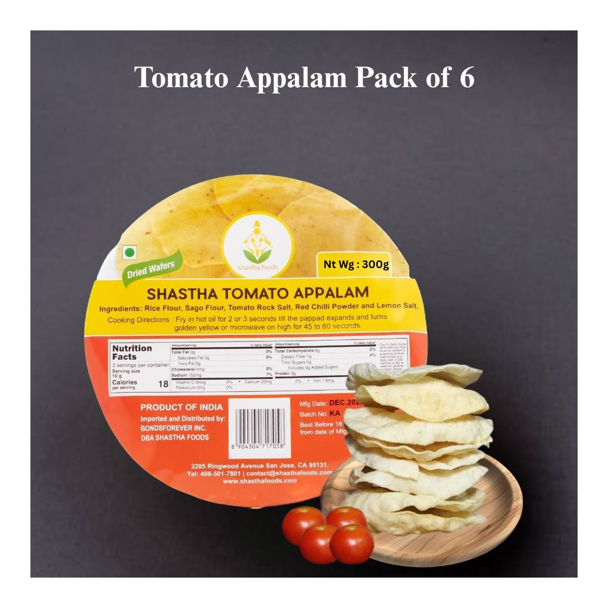 Shastha Traditional Tomato Appalam / Appalam - Paquete de 6, cada paquete 200g