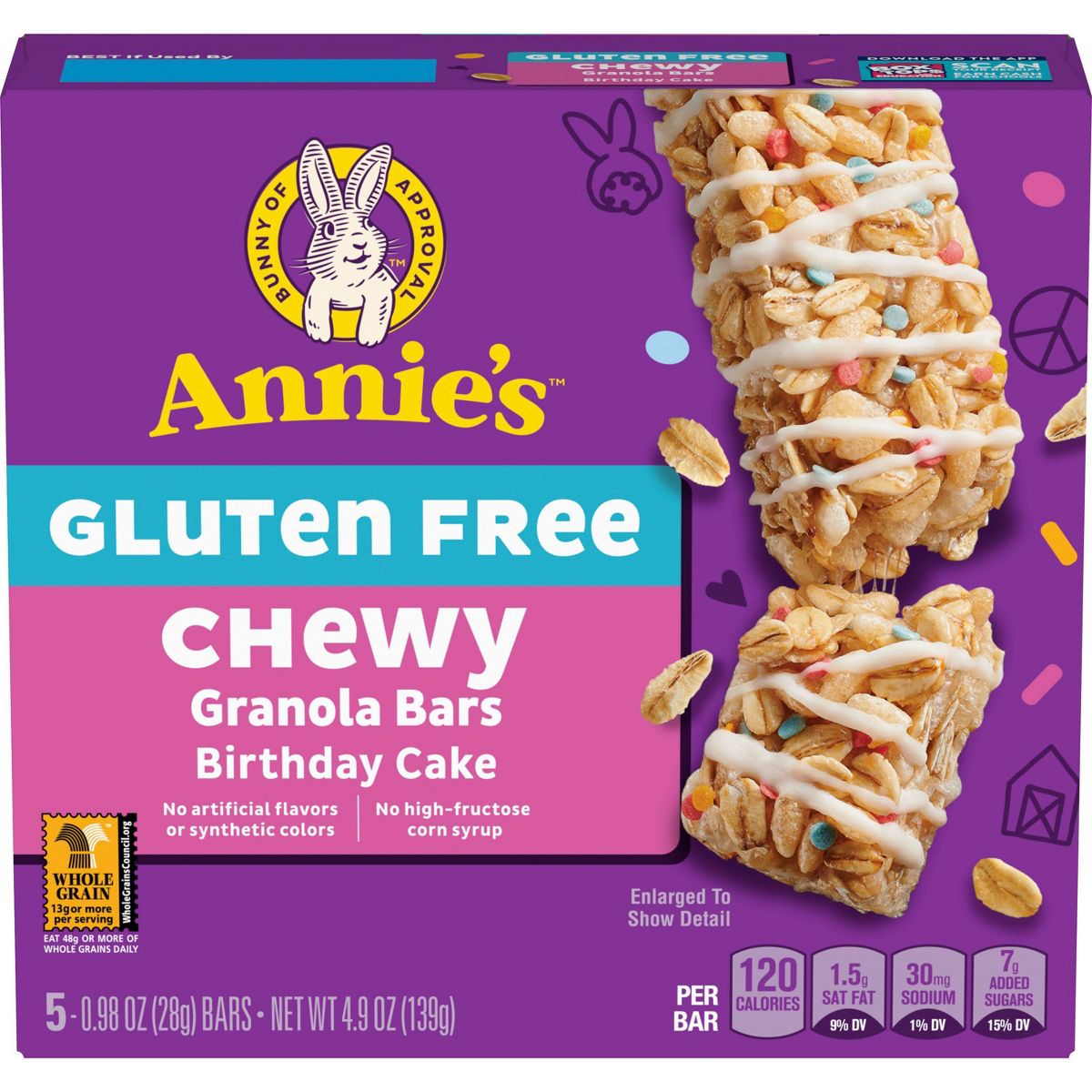Annie's Barras de Granola Masticables Sin Gluten Sabor Pastel de Cumpleaños - Paquete de 5 - Imagen 3
