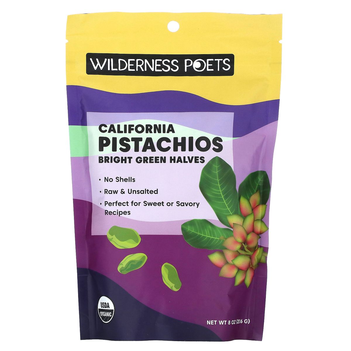 Wilderness Poets, Pistachios Orgánicos - Mitades de Pistacho Verde Brillante, Sin Sal, Sin Cáscara, Cultivados en California (8 onzas)