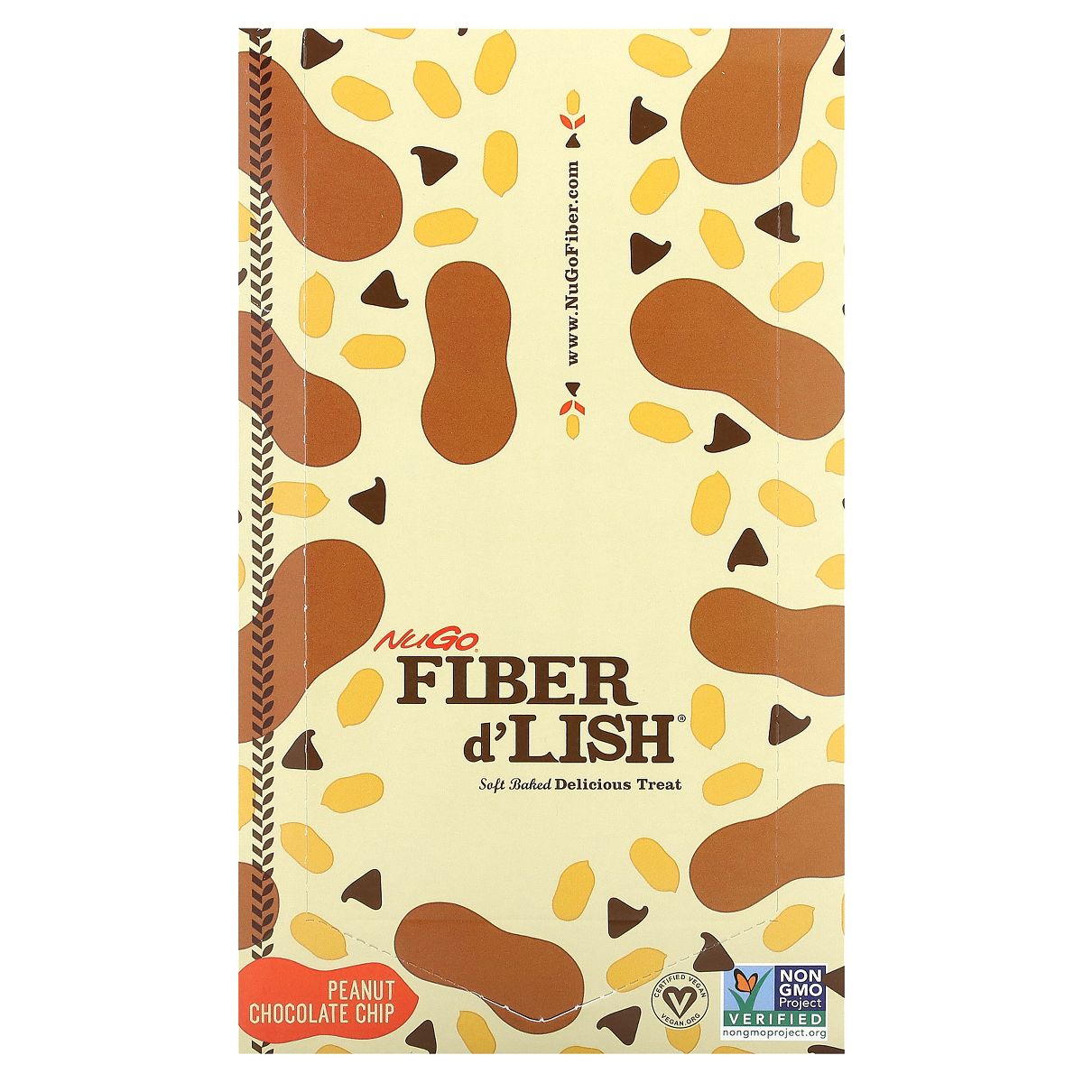 NuGO Fiber d'Lish Peanut Chocolate Chip, 12g Alto en Fibra, Vegano, 160 Calorías, Paquete con 16 Piezas