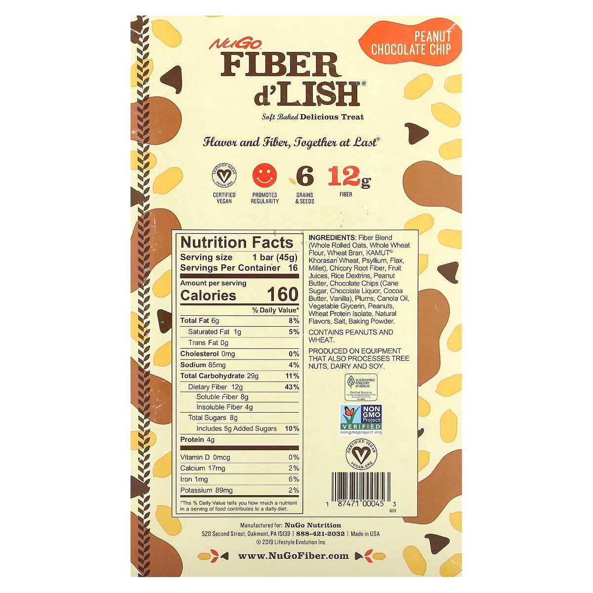 NuGO Fiber d'Lish Peanut Chocolate Chip, 12g Alto en Fibra, Vegano, 160 Calorías, Paquete con 16 Piezas - Imagen 3