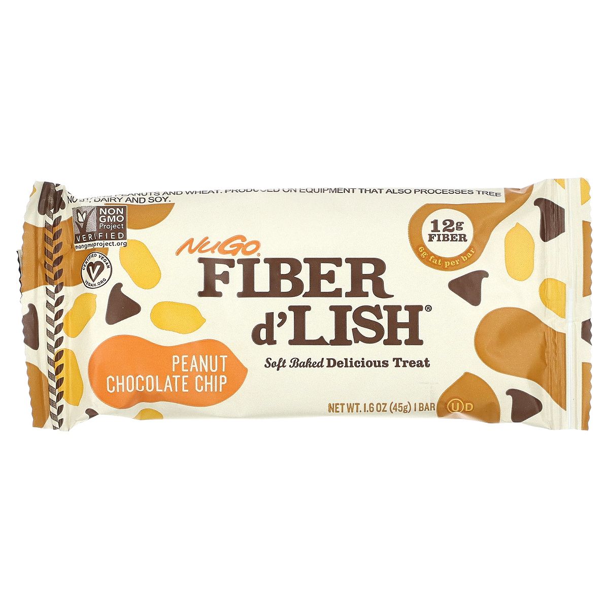 NuGO Fiber d'Lish Peanut Chocolate Chip, 12g Alto en Fibra, Vegano, 160 Calorías, Paquete con 16 Piezas - Imagen 4