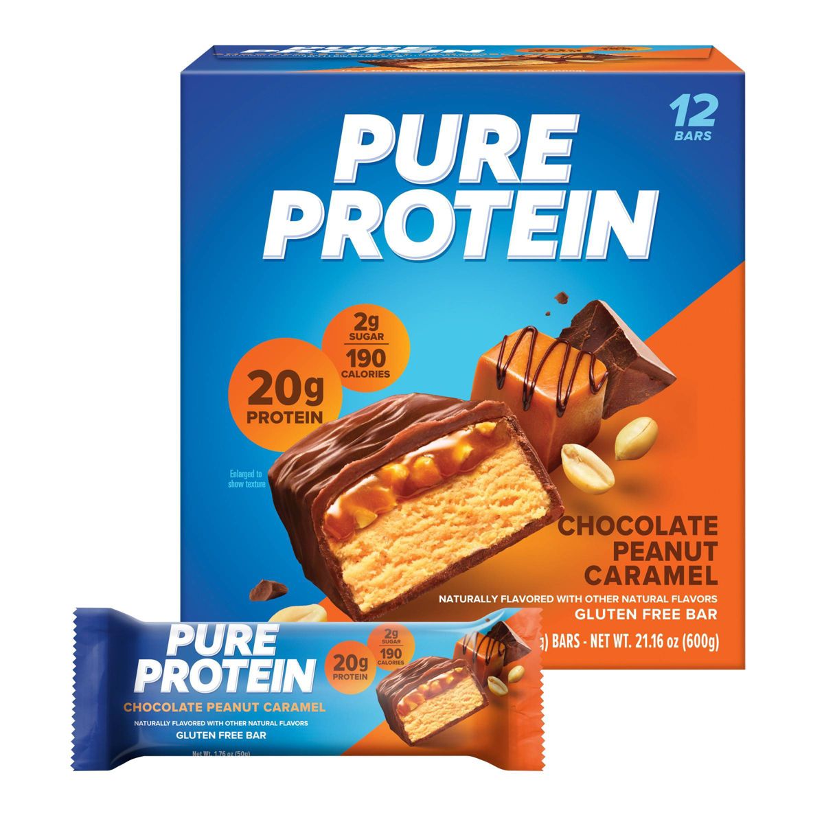 Pure Protein Barras de Aislado de Proteína de Suero con Chocolate, Cacahuate y Caramelo - 20g de Proteína - 12ct