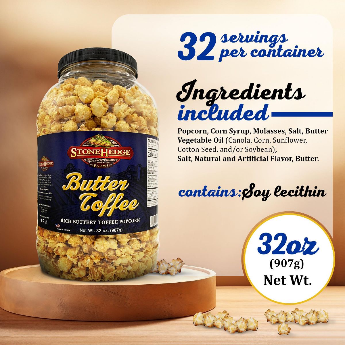 Palomitas de Maíz con Sabor a Toffee de Mantequilla Stonehedge Farms | Tarrina Grande 32 oz | Ideal para Fiestas y Navidad - Imagen 3