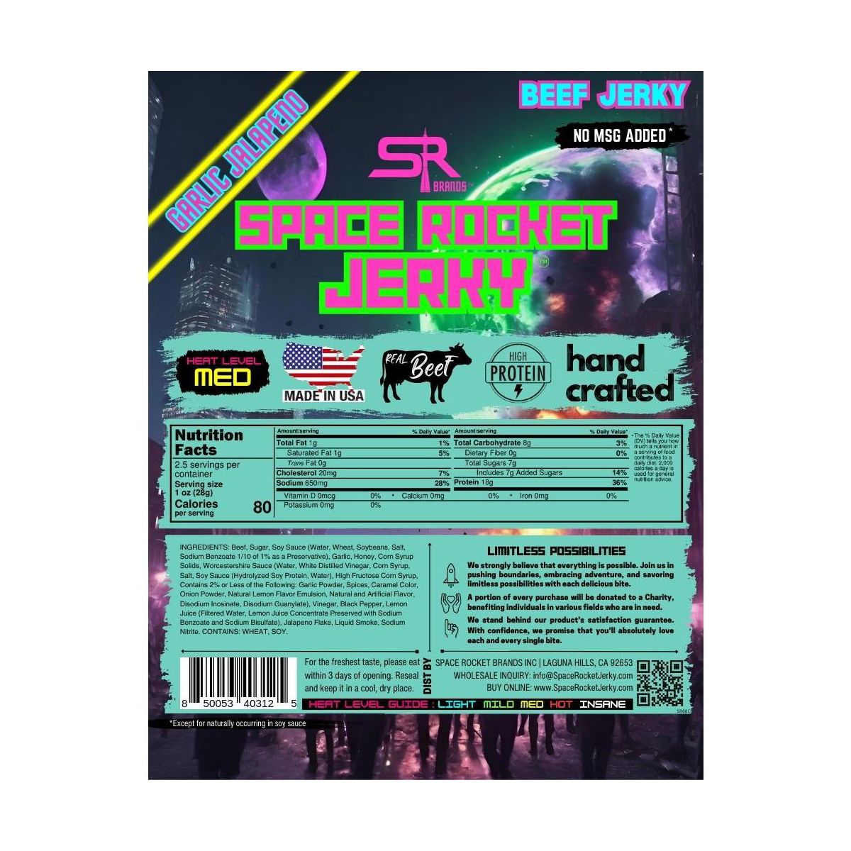 Space Rocket Beef Jerky Sabor Ajo Jalapeño 2.5 oz Paquete de 3 - Imagen 4