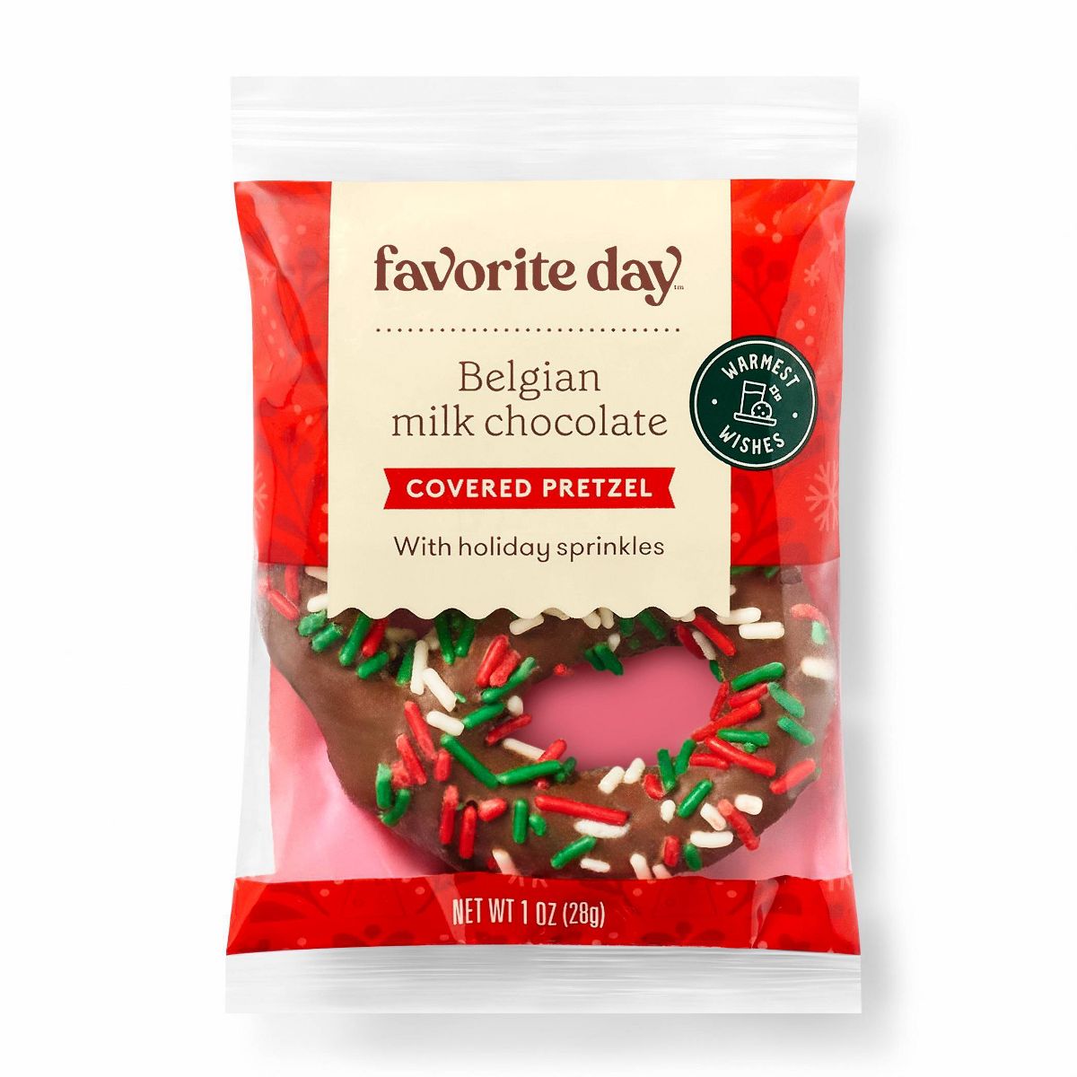 Pretzel de Chocolate con Leche Navideño, con Chispitas Rojas y Verdes - 1 oz - Favorite Day™