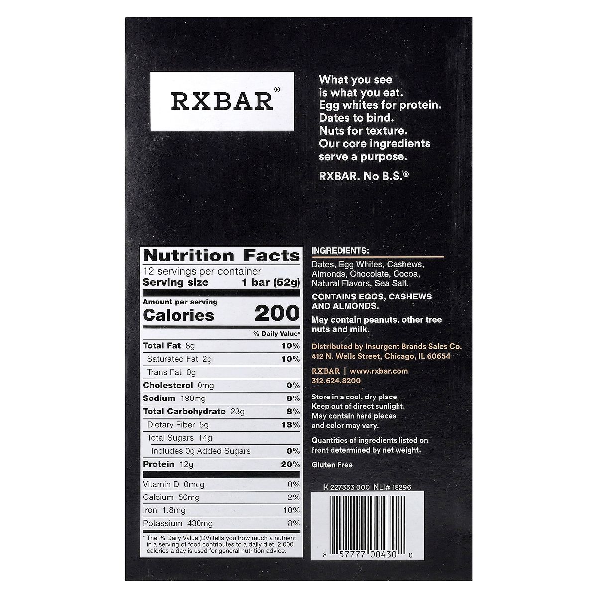 Barra de Proteína RXBAR, Chocolate con Sal de Mar, 12 Barras, 1.8 oz (52 g) Cada Una - Imagen 3