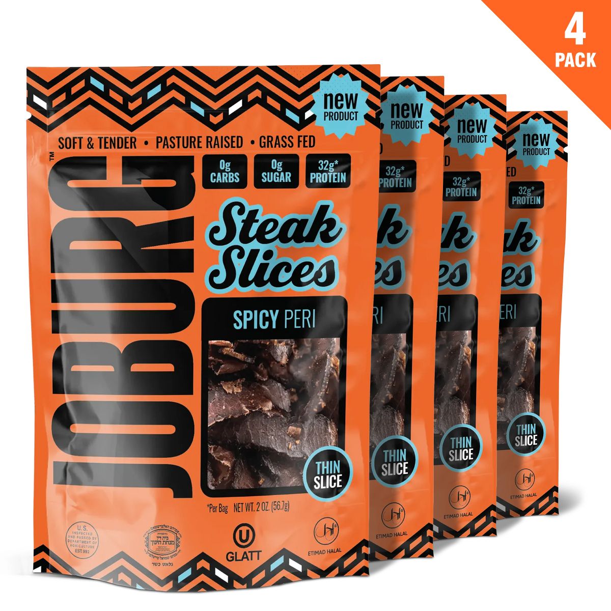 Joburg Meats Biltong Sudafricano Picante Peri Peri, Snacks Altos en Proteína y Keto-Friendly, Certificado Kosher, Bolsas de 2 oz. - Paquete de 4